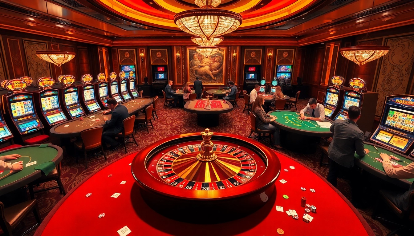 Engaged players enjoying games at MB66 casino with roulette wheel and poker tables.
