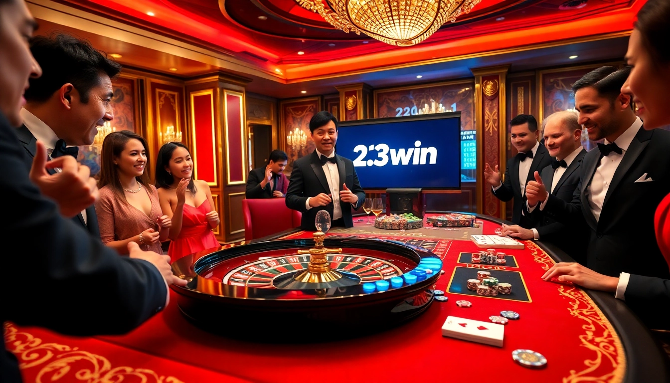 Experience the thrill of 23win at a luxurious casino table with vibrant chips and cards.