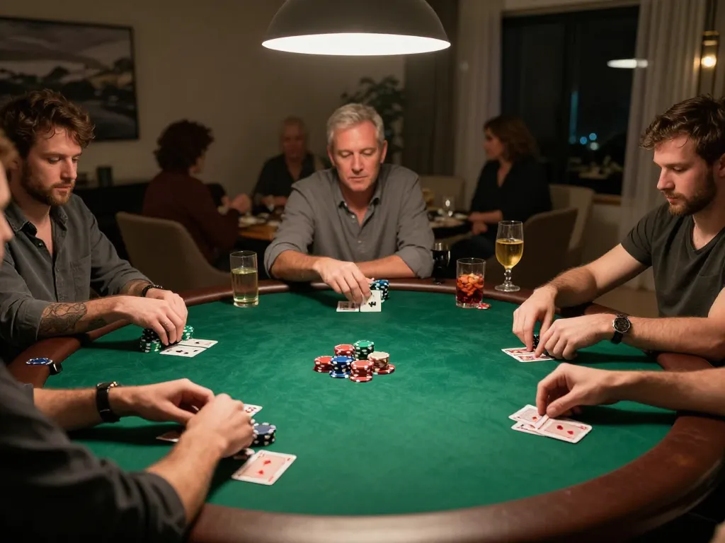 AntoineLarocque bets strategically at a lively poker table during home game night.