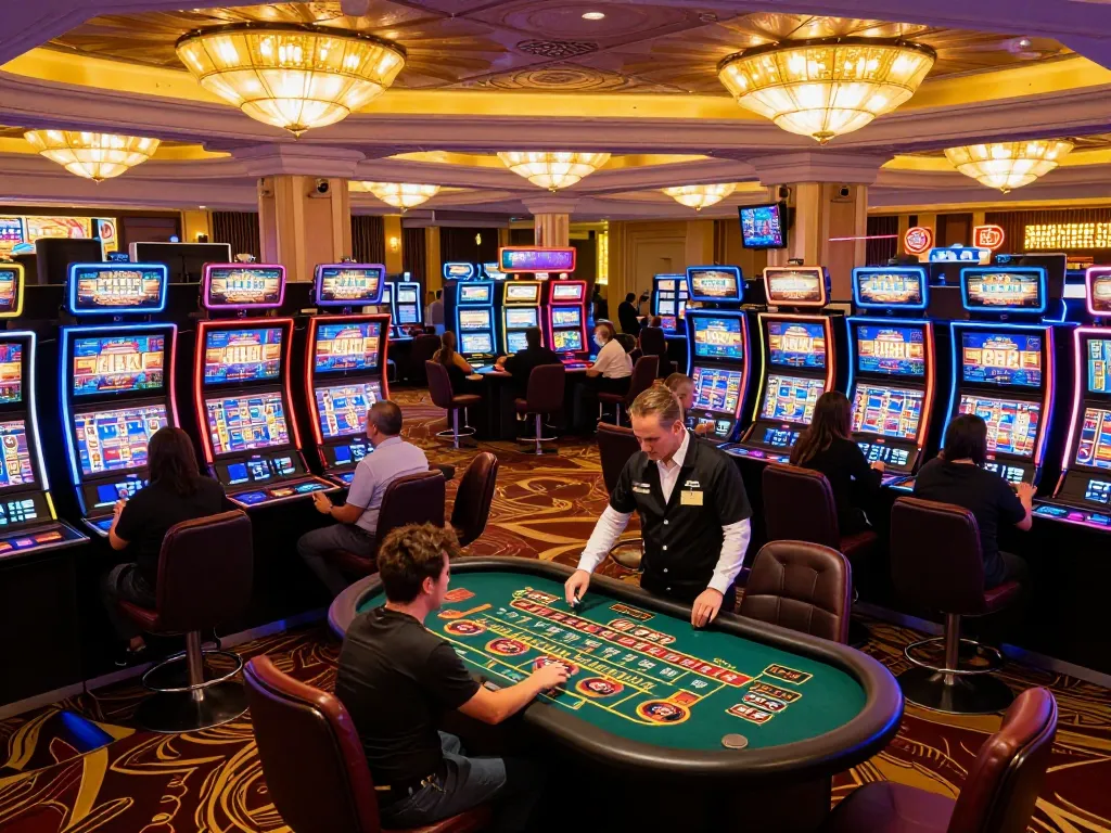 Viceroyluxury gaming experience with players enjoying vibrant slot machines and roulette at a luxurious casino