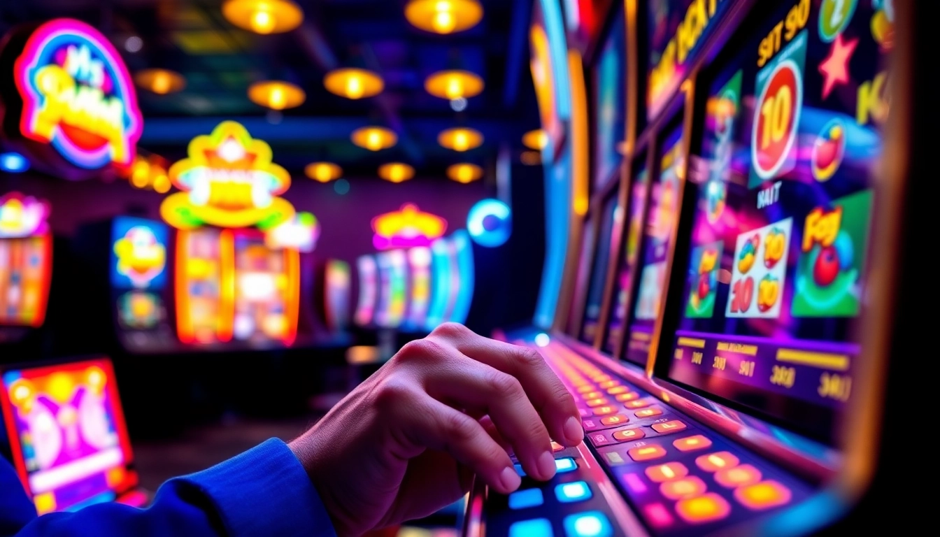 Casino spielen an einem leuchtenden Spielautomaten mit einem fokussierten Spieler
