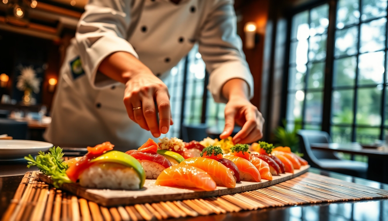 MISTER HOKI chef artfully creating sushi in a vibrant restaurant.