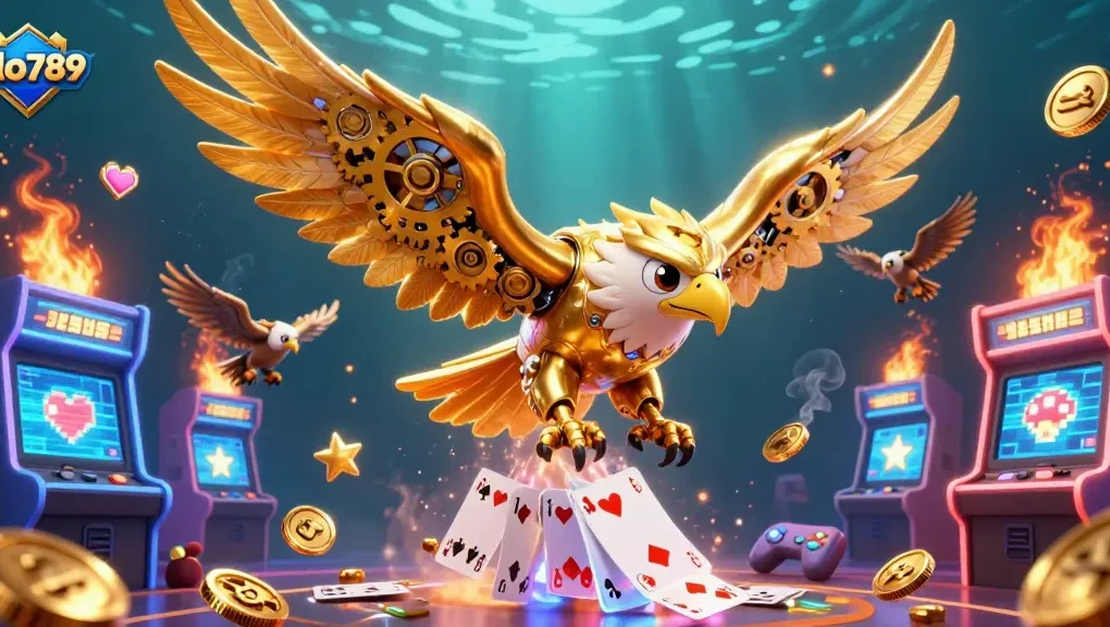 Experience thrilling gameplay with alo789 as a golden eagle dives through holographic cards in a vibrant casino scene.