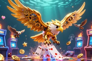 Experience thrilling gameplay with alo789 as a golden eagle dives through holographic cards in a vibrant casino scene.