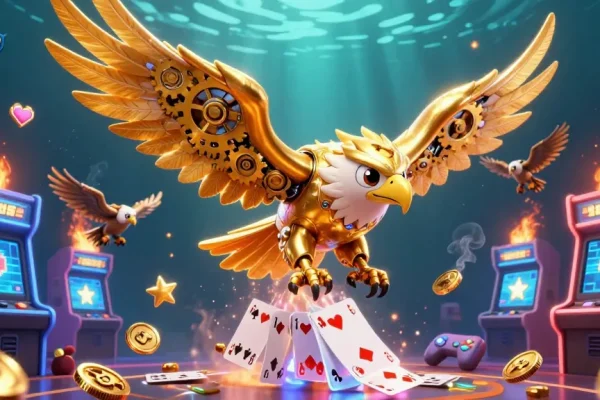 Experience thrilling gameplay with alo789 as a golden eagle dives through holographic cards in a vibrant casino scene.
