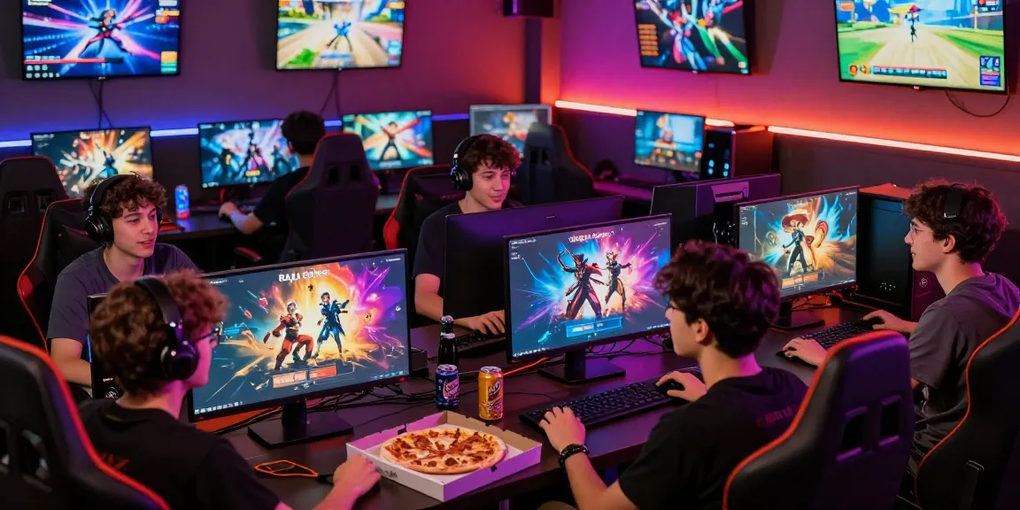 Excited gamers using Raja Game login on colorful screens in a lively gaming lounge.