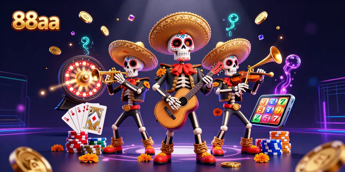 Experience the excitement of 88aa with a vibrant casino scene featuring a lively mariachi band, gold coins, and slot games.