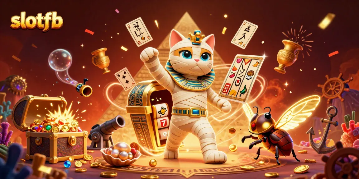 Slotfb menghadirkan keseruan dalam permainan dengan ilustrasi kucing mummy dan scarab di kasino futuristik.