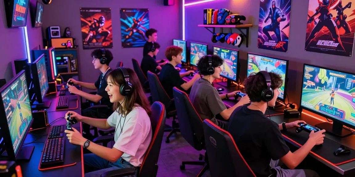 Kelompok pemain terjun4d bermain video game di lounge digital dengan semangat